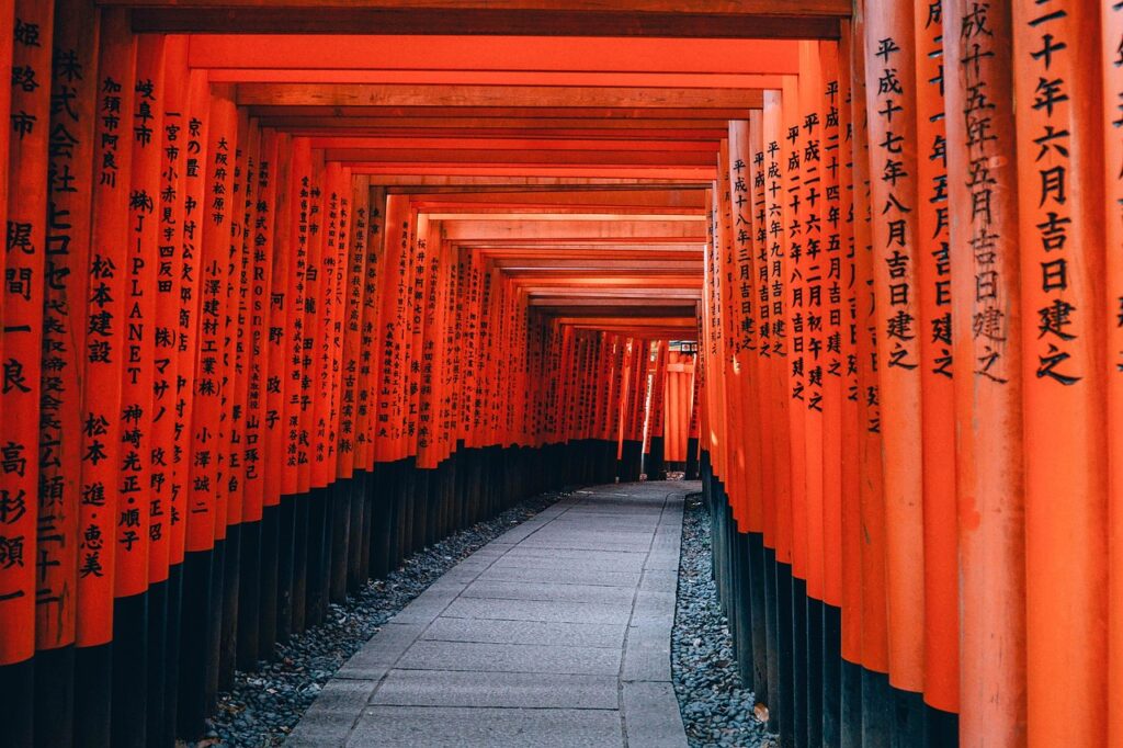 architecture, japan, kyoto, path, shinto, temple, red, hallway, arches, japan, japan, japan, japan, japan, kyoto