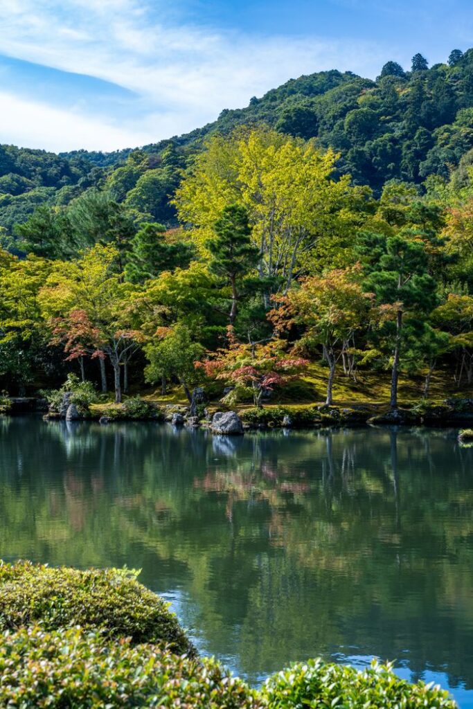 Serene autumn landscape of a pond and colorful trees in Kyoto, Japan.